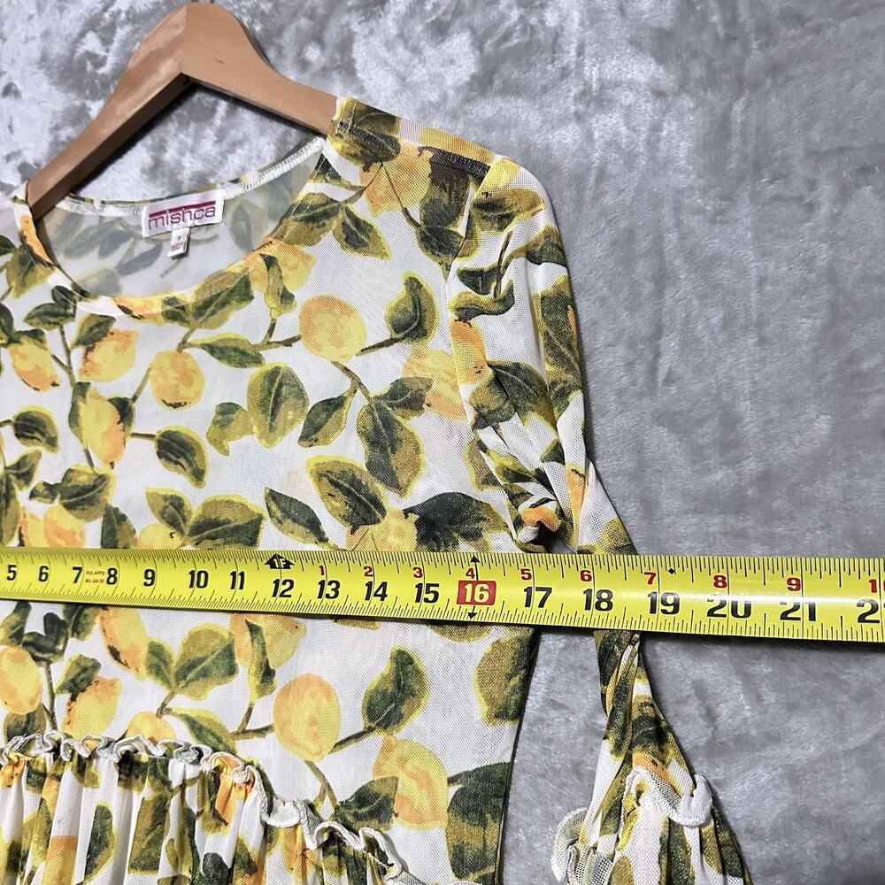 Mishca Novelty Mesh Bell Sleeve Peplum Top Womens Sz S Yellow Lemon Print Sheer - Picture 5 of 8